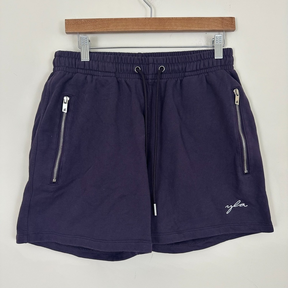 YoungLA Sweat Shorts Dark Purple French Terry Lined Zipper Pocket Mens M